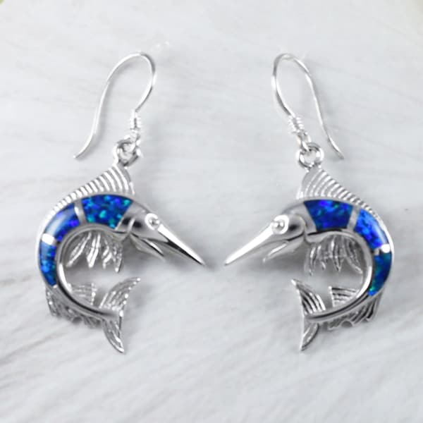 Unique Large Hawaiian Blue Opal Marlin Earring, Sterling Silver Blue Opal Marlin Dangle Earring, E9258 Birthday Mom Mother Gift