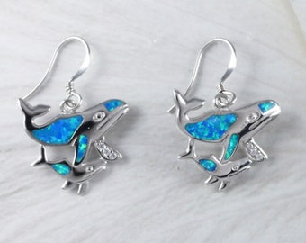 Gorgeous Hawaiian Large Mom & Baby Humpback Whale Earring, Sterling Silver Blue Opal Whale Dangle Earring, E6151 Birthday Mother Gift