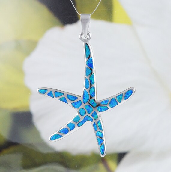 Gorgeous X large Hawaiian Blue Opal Starfish Necklace Sterling