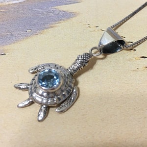 Unique Hawaiian 3D Genuine Blue Topaz Sea Turtle Necklace, Sterling Silver Turtle Movable Leg Pendant N8056 Statement PC, Mother Gift