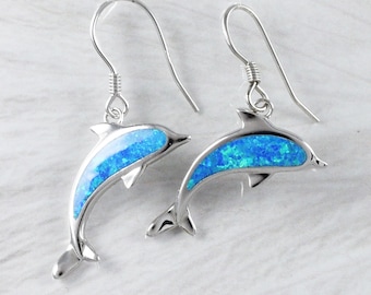 Beautiful Hawaiian Large Blue Opal Dolphin Earring, Sterling Silver Blue Opal Dolphin Dangle Earring, E6149 Birthday Wife Mom Mother Gift