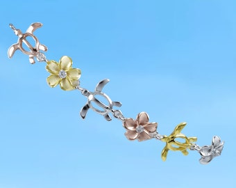 Unique Hawaiian 3-Tone Sea Turtle Plumeria Ankle Bracelet, Sterling Silver Tri-color Turtle Plumeria CZ Anklet, A3317 Birthday Mom Gift