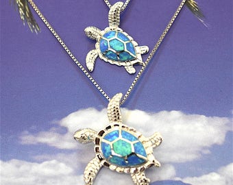 Mother Daughter Hawaiian Sea Turtle Matching Necklace, Sterling Silver Blue Opal Turtle Pendant, N7031 Mom Wife Gift, Big Little Sister