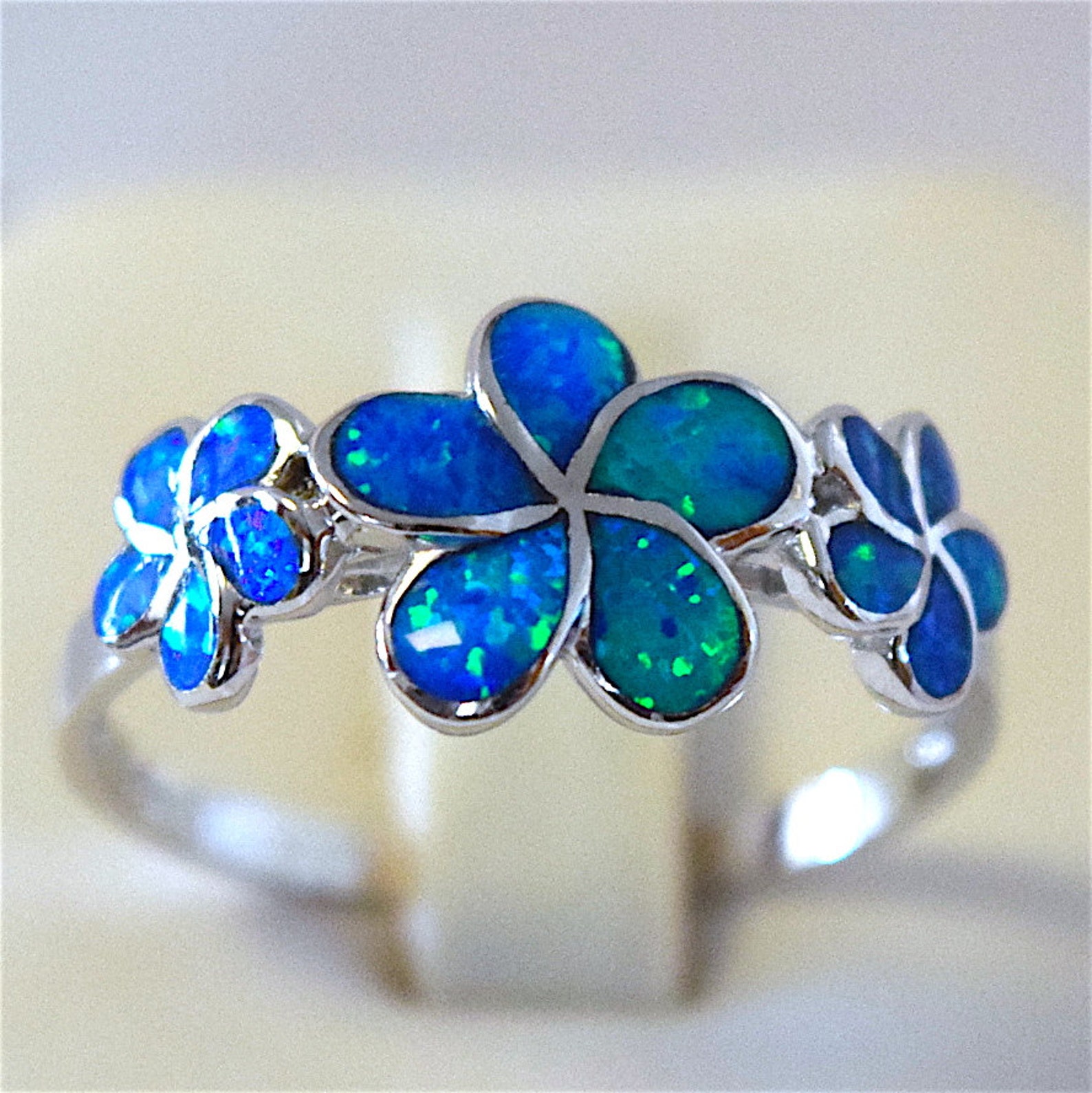 Stunning Hawaiian Opal Plumeria Ring Sterling Silver Blue Etsy