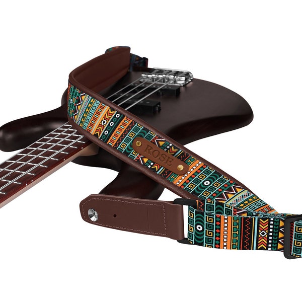 Aztec Pattern Guitar Strap, Personalized Guitar Strap, Adjustable Guitar Strap with Soft Leather Base, Guitar Player Gift, Musician Gifts