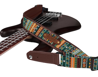 Aztec Pattern Guitar Strap, Personalized Guitar Strap, Adjustable Guitar Strap with Soft Leather Base, Guitar Player Gift, Musician Gifts