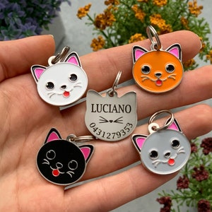 Cat Tag Personalized, Cat Face Tag, Cat Tags for Collars, Engraved Cat Tag, Colored Cat Name Tag, Customized Pet Tag, Kitty Tag