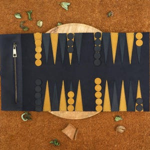May include: A navy blue backgammon board with gold and black accents. The board is open, displaying the playing surface with triangular points and game pieces. A zippered pouch is visible on the left side. The board is on a brown surface.
