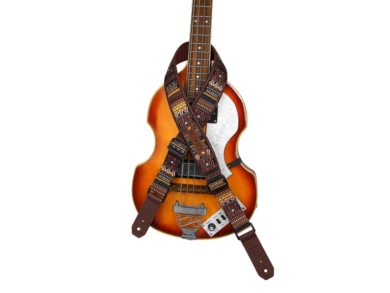 Sangle de guitare motif aztèque, sangle de guitare personnalisée, sangle de guitare réglable avec base en cuir souple, cadeau de joueur de guitare, cadeaux de musicien Ethnic Orange