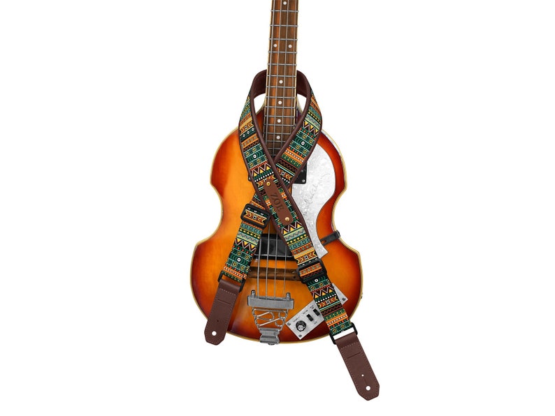 Sangle de guitare motif aztèque, sangle de guitare personnalisée, sangle de guitare réglable avec base en cuir souple, cadeau de joueur de guitare, cadeaux de musicien Ethnic Green