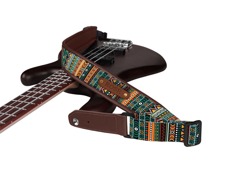 Sangle de guitare motif aztèque, sangle de guitare personnalisée, sangle de guitare réglable avec base en cuir souple, cadeau de joueur de guitare, cadeaux de musicien image 1