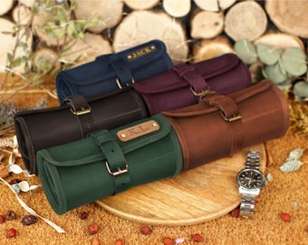 Watch Roll with Personalization, Leather Travel Watch Case, Personalized Watch Holder for 5 Watches, Personalized Gifts for Mens