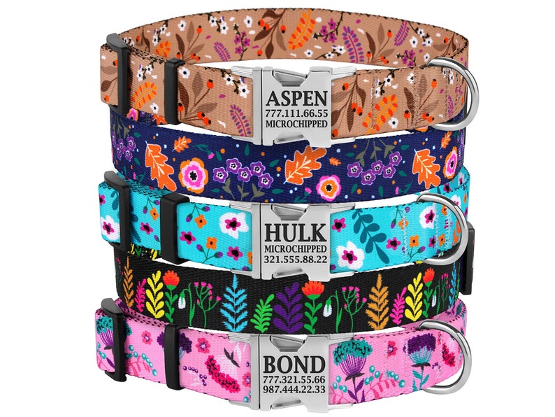 Floral Personalized Dog Collar, Flower Pattern Dog Collar with Laser Engraved Metal Buckle, Dog Collars for Girls, Bright Summer Dog Collar 