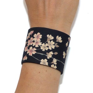 Wide Bracelet Fabric, Japanese cotton, cherry blossom floral pattern, black pastel beige pink flowers floral, cuff bangle, flexible soft