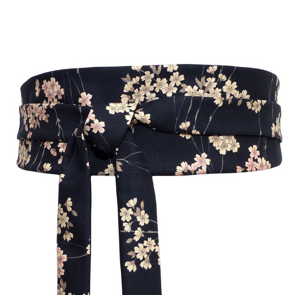 Ceinture à nouer / Obi noir motif Fleurs de cerisier Sakura pastel rose beige, Tissus japonais coton, kimono robe tunique, femme