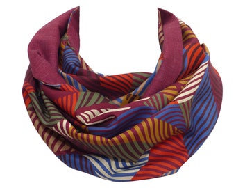 WOOL / SILK & COTTON, Double Sided Infinity Scarf, burgundy / purple + multicolored pattern, winter warm women's