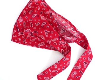 Large bandeau à cheveux , à lanières, Fichu à nouer Femme, Tissu coton haut de gamme Bandana rouge motif Paisley / Cachemire