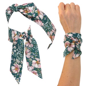 Foulard Bandeau à nouer, Cheveux, Bracelet, option Headband fil de fer, fleuri vert foncé émeraude / rose; chapeau sac,  femme enfant, Coton