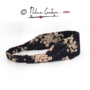 2 BREEDTES Klassieke platte elastische haarband, Japanse katoenen crêpe stof, Dames/meisjes, Zwarte kersenbloesems pastelroze beige