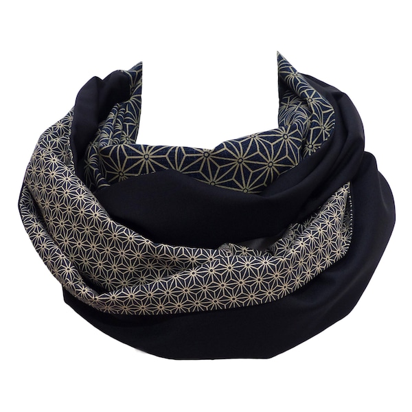 LAINE COTON, Echarpe Bleu marine Tissu Japonais, Snood motif géométrique asanoha Patchwork, double tour cou, homme femme,