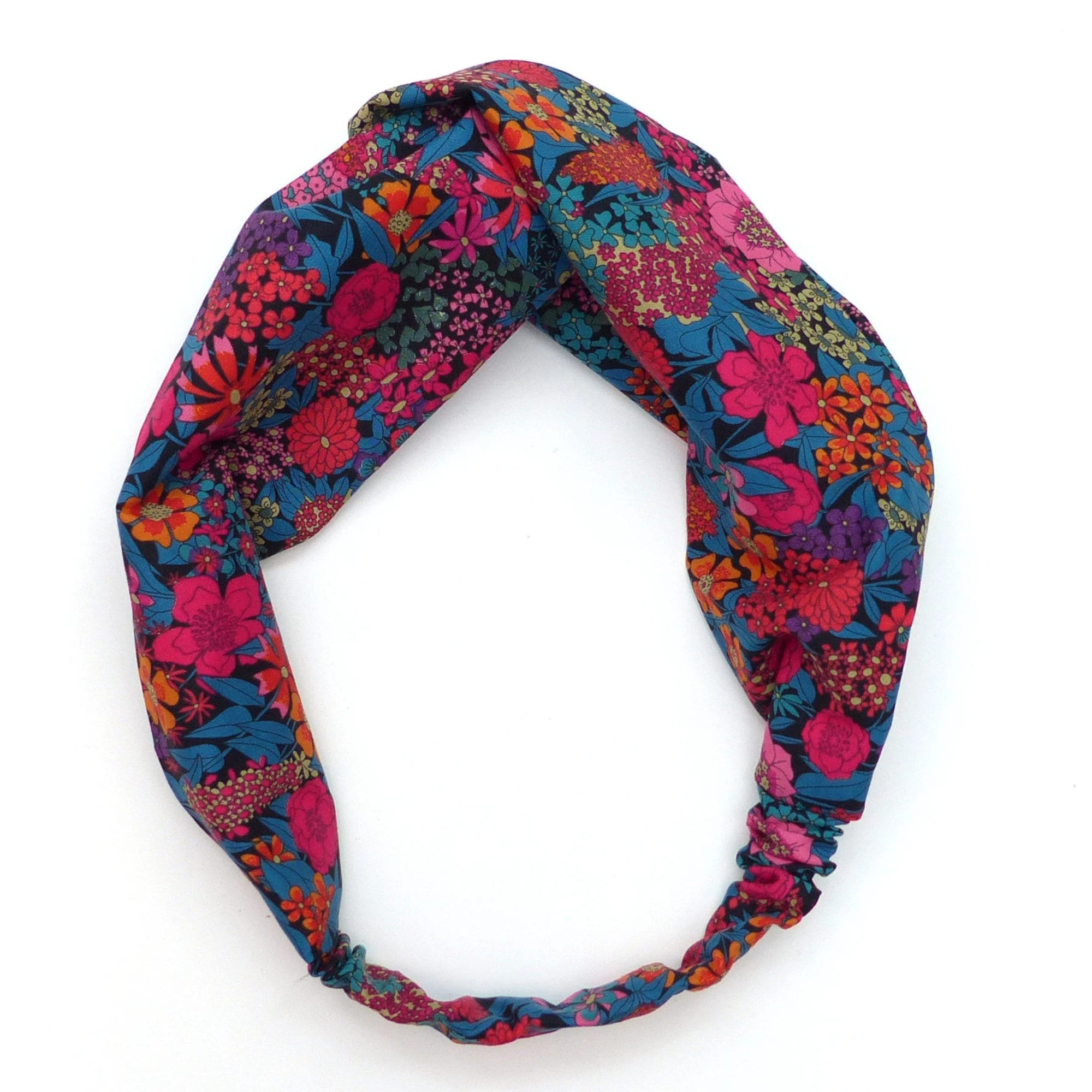 In WIDTHS Twist Headband, Silky Floral Cotton, Black Teal