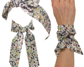 scarf / band / headband olive khaki green, liberty wiltshire berries, floral wrap wrist bracelet, for hat purse, skinny, neck bow, hair tie