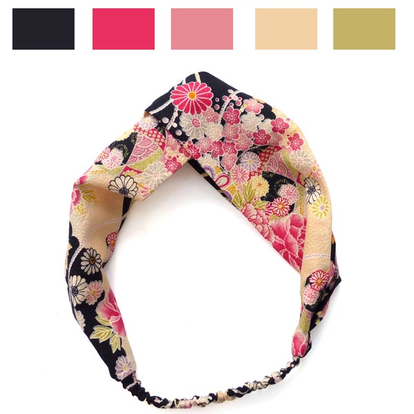 En 3 LARGEURS Bandeau à Cheveux Noir Rose, motif fleurs cordons, tissu japonais crêpe de coton, twist croisé élastique, fille femme