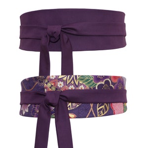 Reversible Purple waist Belt, Plain & floral,  violet obi sash, multicolor japanese fabric + gildings, wide wrap belt, kimono dress, women&#39;s