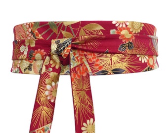 Large ceinture à nouer Rouge foncé, fleurs objets dorés; obi en tissu japonais à motif, kimono robe jupe, femme