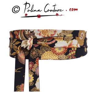 Black Gold Floral Obi Belt, Japanese cotton Fabric, colorful gold sash / Waist / Wide wrap belt, kimono yukata dress womens image 9