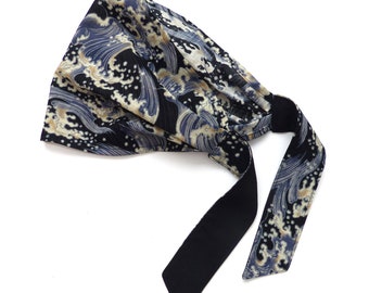 Hair scarf / Wide headband with straps, Navy high quality Japanese cotton fabric with moving waves, self-tie Kerchief, women's