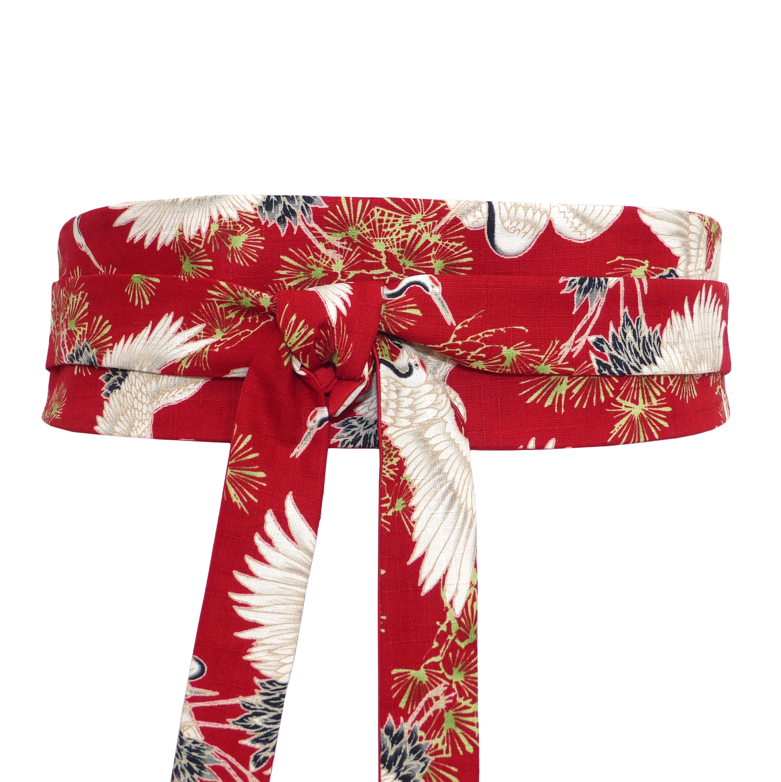 Wide Red Waist Belt, white cranes + green pine, wrap belt / obi sash, kimono dress, women's