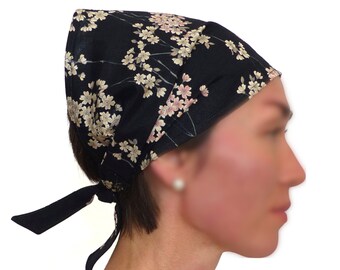 Head / Hair scarf, black Japanese cotton fabric, pastell pink / beige cherry blossomes, self-tie wide headband / Kerchief, women's