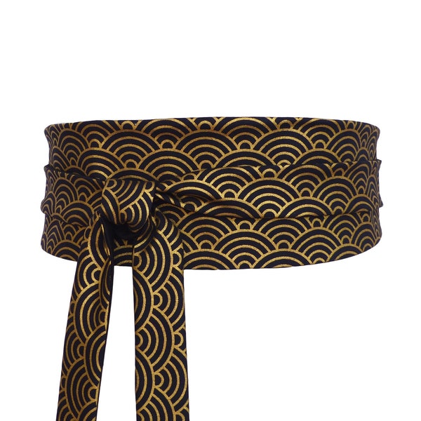 Ceinture  à nouer noir Or Vagues en motif géométrique, Obi réversible large, tissu japonais seigaiha doré, coton luxe, kimono robe