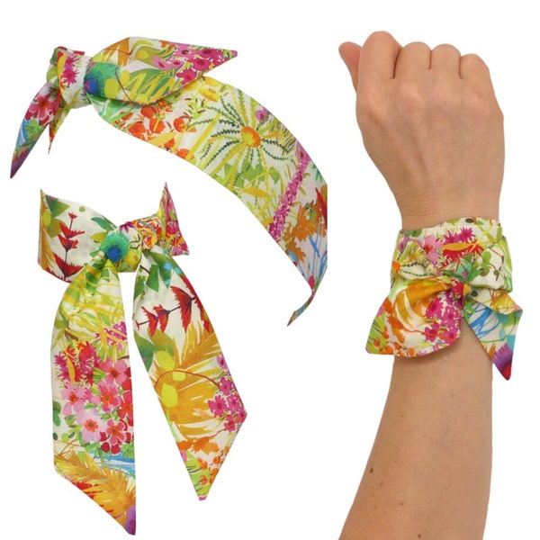 Tropical Floral Scarf Liberty London Cotton, Headband wrap wrist bracelet, hat band, neck bow hair tie, Skinny wired, exotic colorful