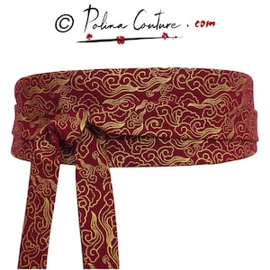 Red waist Belt with Gold Arabesques, garnet golden Wide wrap belt, Reversible Waist belt, kimono dress, japanese graphic pattern