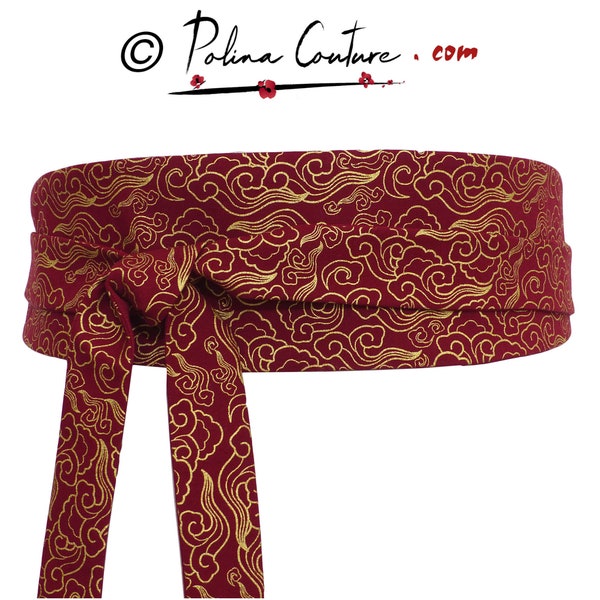 Ceinture à nouer / Obi Rouge doré à motif graphique d'arabesques, réversible large, tissu japonais; jupe robe kimono, serre taille haute