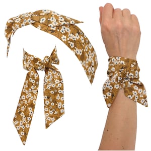 Floral Mustard yellow Scarf Liberty London Cotton, Headband wrap wrist bracelet, hat band, neck bow hair tie,  Skinny wired, womens girls