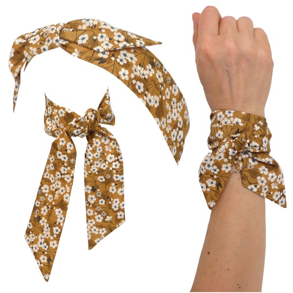 Foulard Bandeau Tissu Liberty Jaune Moutarde, coton, à nouer Cheveux, Bracelet, fil de fer, Motif fleuri floral - femme fille