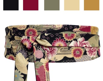 Cintura Obi da annodare, in tessuto con motivi geometrici giapponesi, gru, fiori; nero bordeaux kaki oliva, reversibile e ampio, abito kimono; donne