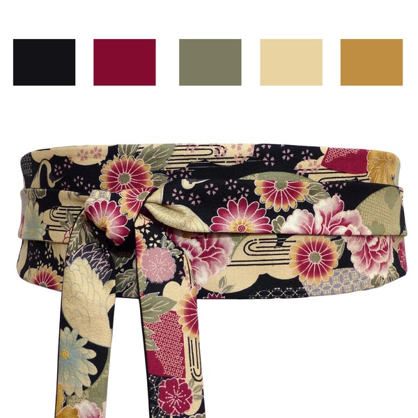 Ceinture obi à nouer, tissu motifs Japonais géométriques, grues, fleurs; noir bordeaux kaki olive, Réversible et large, robe kimono; femme