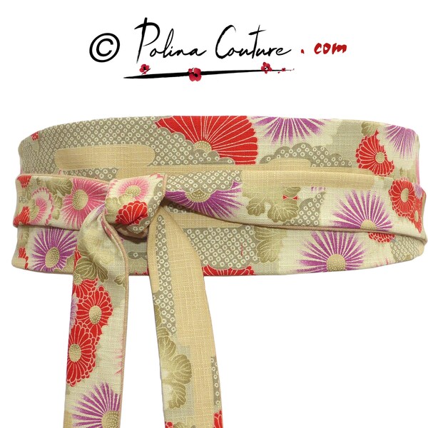 Ceinture Obi Vert olive ocre beige, à nouer, réversible large, tissu japonais fleuri coton, kimono yukata, serre-taille large, taille haute