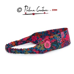 2 WIDTHS, Headband Silky Cotton fabric, teal blue fuchsia pink floral pattern / Black, with Elastic Back, women girls, flat hair band