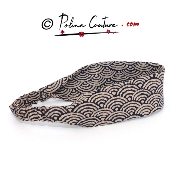 2 WIDTHS, classic Headband, Navy Cotton Japanese fabric, Geometric ecru waves, Narrow / Wide, women girls, simple hair band