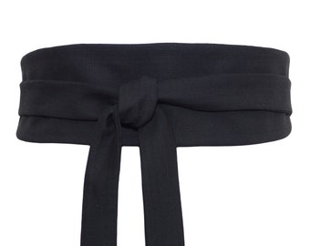 REVERSIBLE Black Waist Belt in pure Cotton, wide wrap belt / obi sash, kimono dress, women's, plain japanese fabric