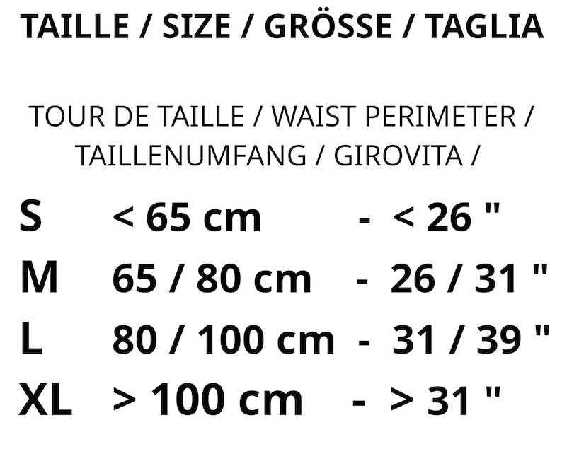 May include: Size chart for clothing with measurements in inches and centimeters. The chart shows sizes S, M, L, and XL with corresponding waist measurements in inches and centimeters.