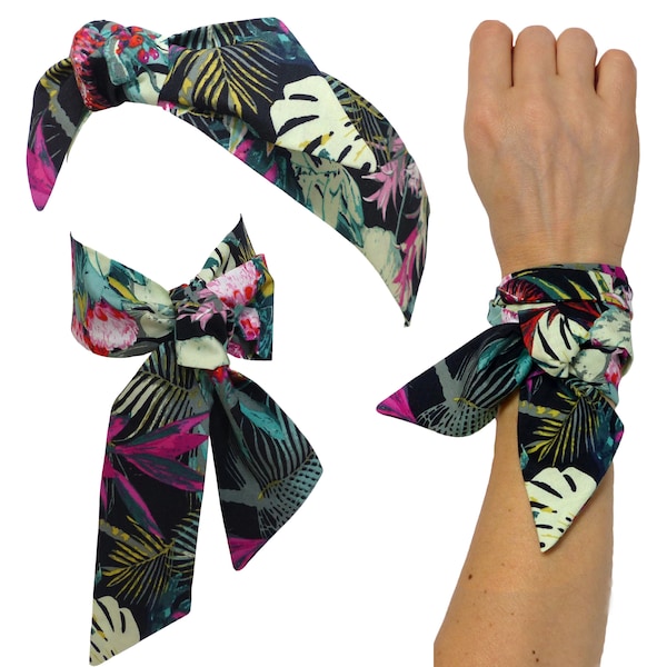 Foulard Bandeau à nouer, Tropical Exotique végétal fleuri feuilles; à Cheveux, Bracelet, Headband fil de fer; sac, vert rouge jaune noir