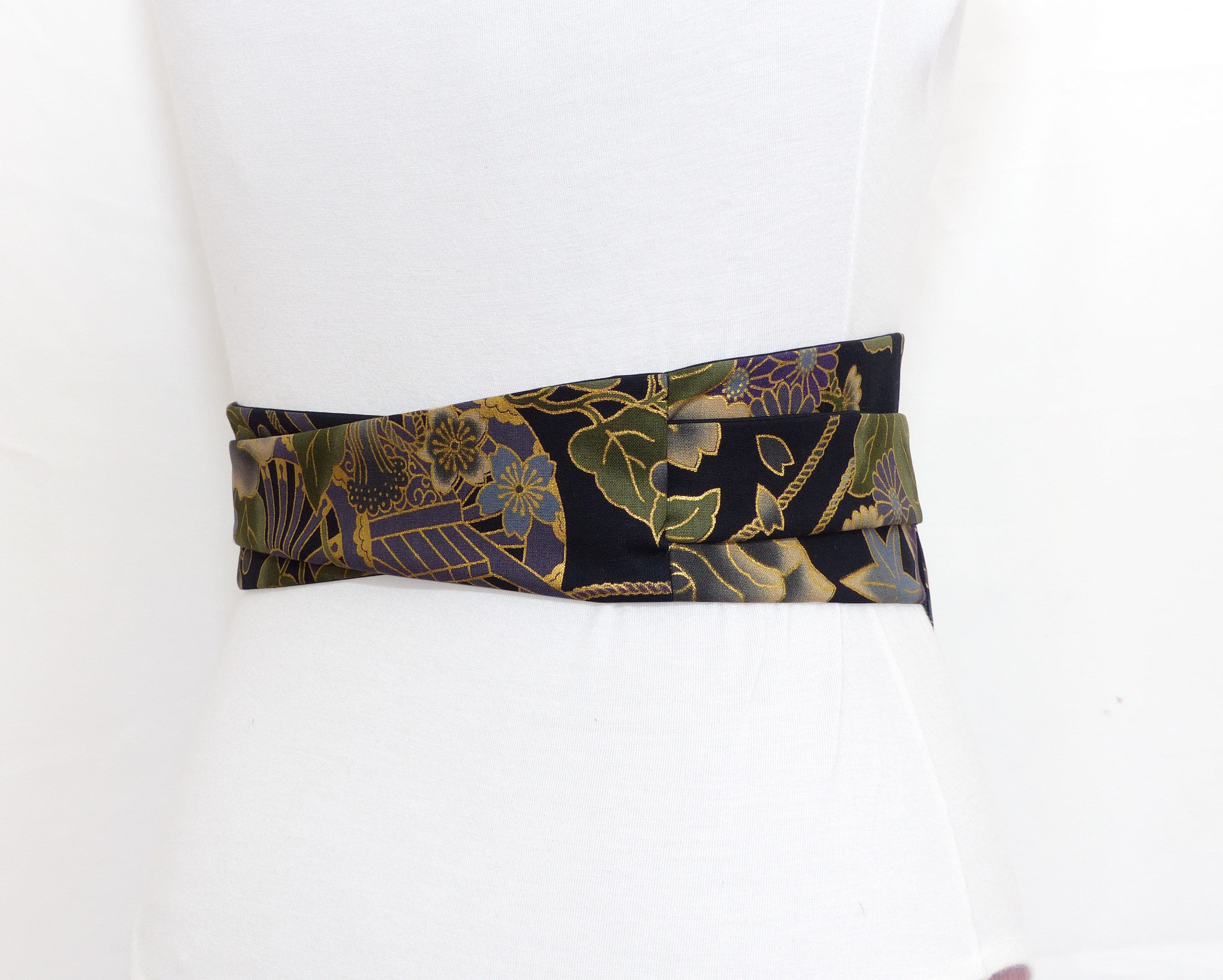 Black Obi Waist Belt With Floral Japanese Frieze of Traditional