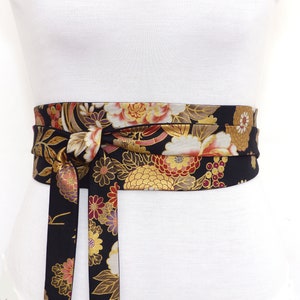 Black Gold Floral Obi Belt, Japanese cotton Fabric, colorful gold sash / Waist / Wide wrap belt, kimono yukata dress womens image 2