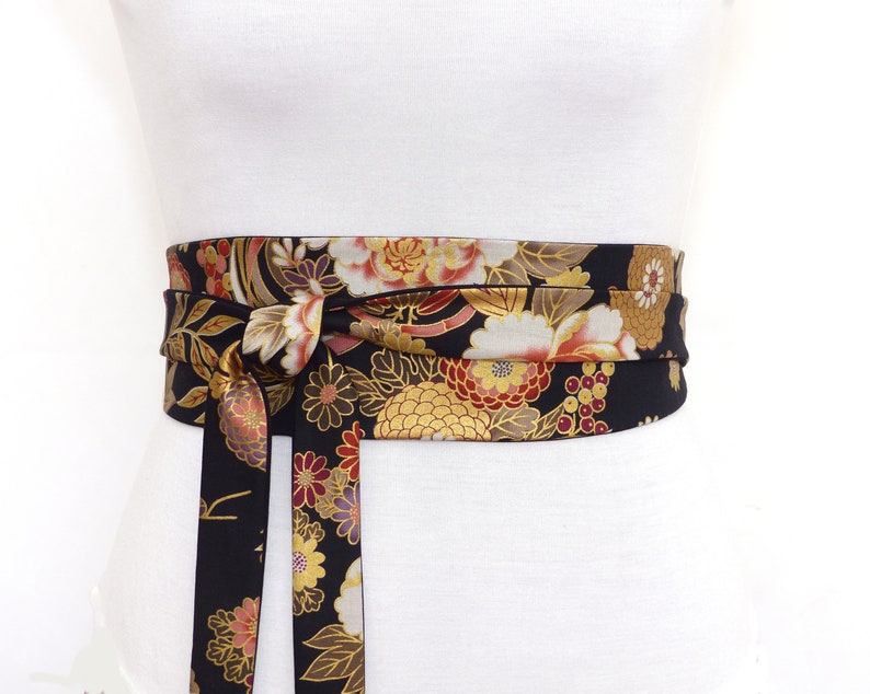 Black Gold Floral Obi Belt, Japanese cotton Fabric, colorful gold sash / Waist / Wide wrap belt, kimono yukata dress womens image 2